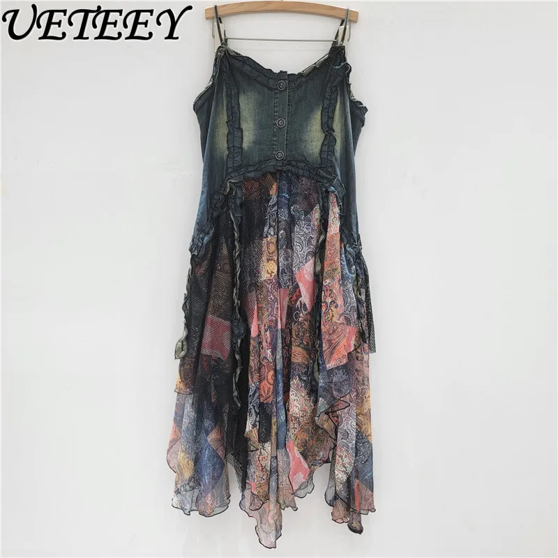 

European French Oil Painting Print Long Dress Sexy U-neck Irregular Denim Splicing Suspender Dress 2025 Summer Dresses Women