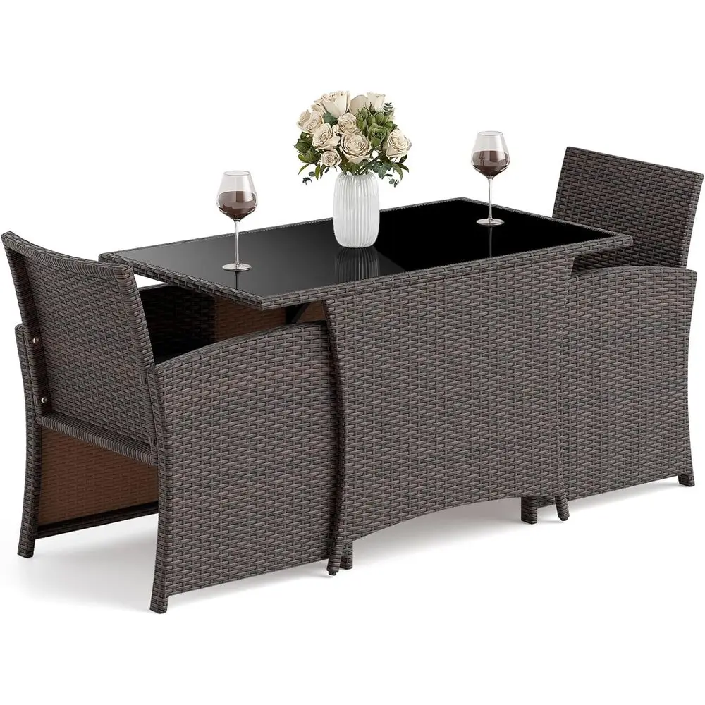 

3-Piece Outdoor Wicker Dining Set with Glass Table for Balcony or Small Spaces