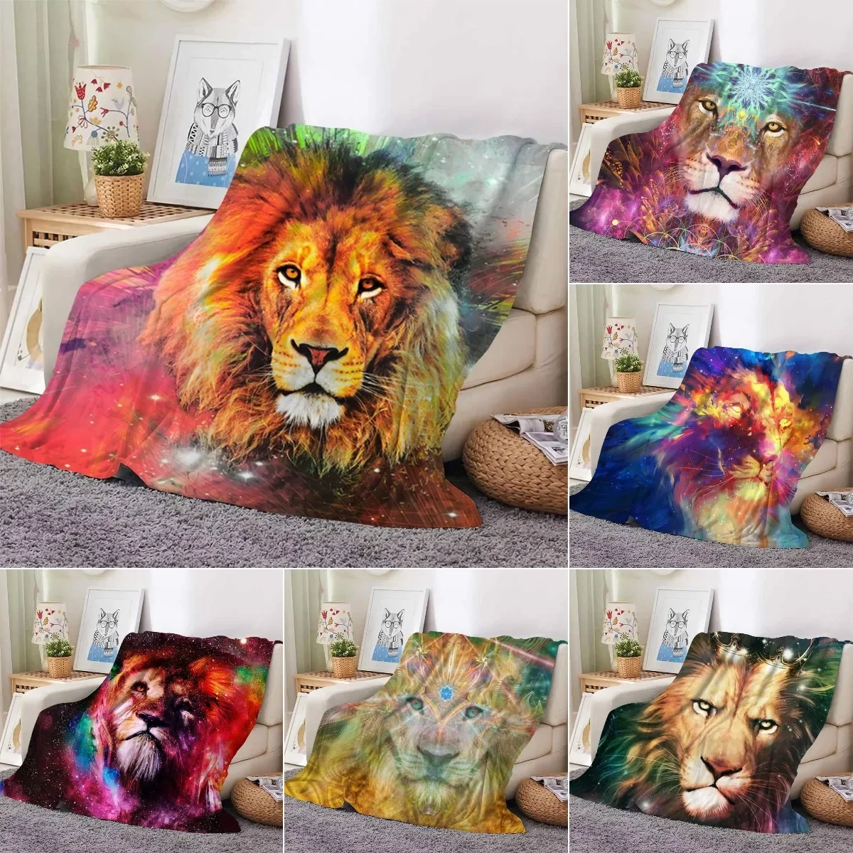 Colourful Lion Pattern Flannel Throw Blanket King Queen Size Super Soft Warm Blanket for Bed Sofa Couch Lightweight Kid Boy Gift