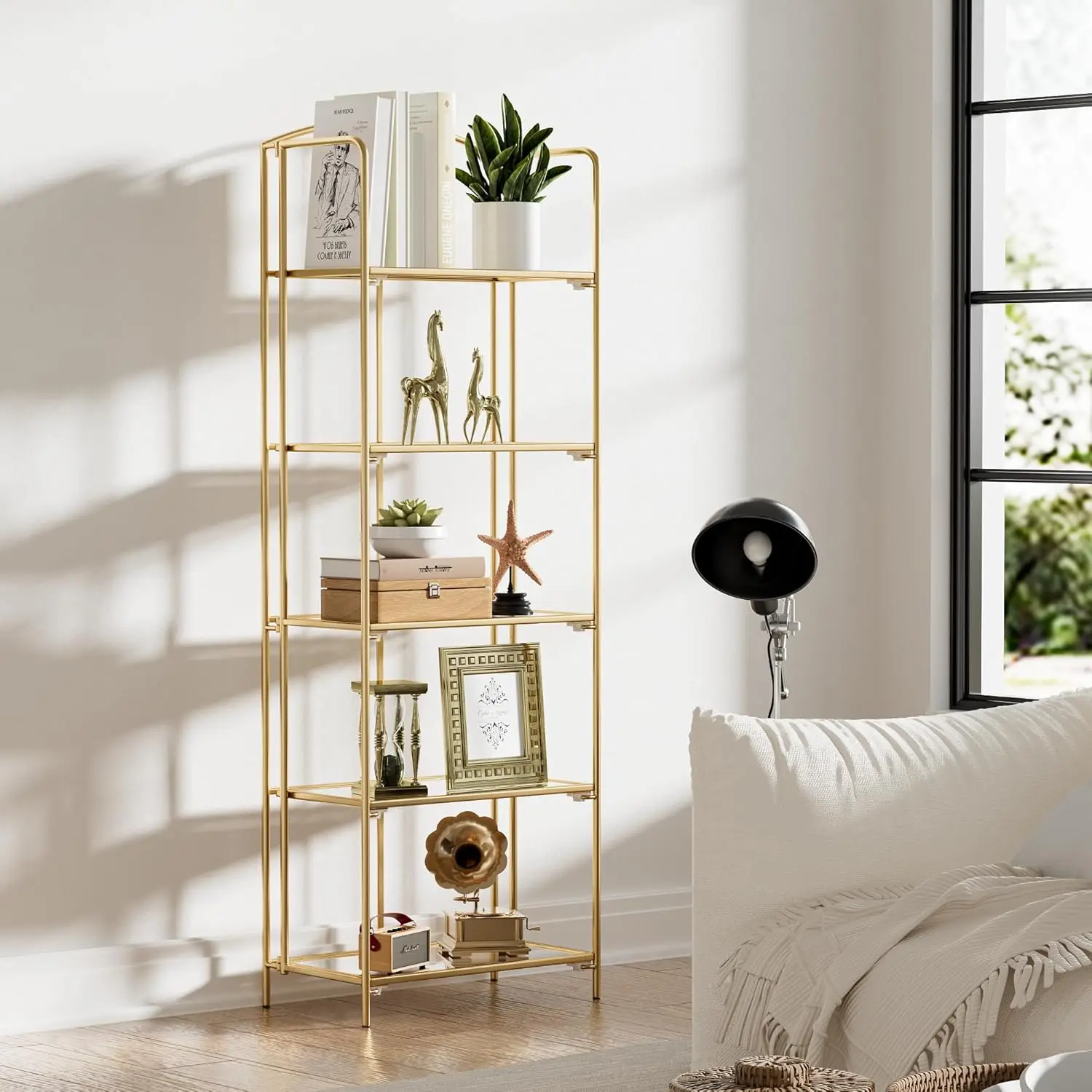 رف كتب قابل للطي بدون تجميع لغرفة المعيشة، رف كتب ذهبي قابل للطي مكون من 5 طبقات للمكتب المنزلي #2