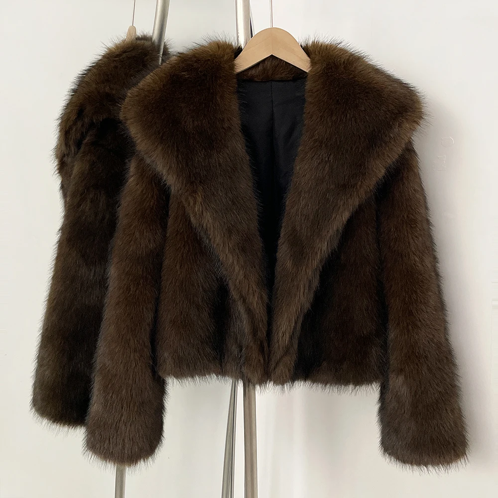 Fake Fur Coat Eco-friendly Winter Short Fur Jacket Fashion Shawl Collar Faux Fox Fur Coat Women Cool Girls Vintage Chic Overcoat