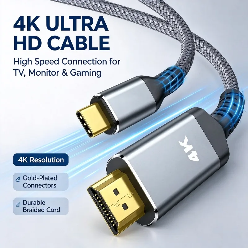 USB Type C to HDMI-compatible Cable 4K UHD Nylon Braided Video Cord For Laptop MacBook iPad Samsung Phone Connect to TV Monitor