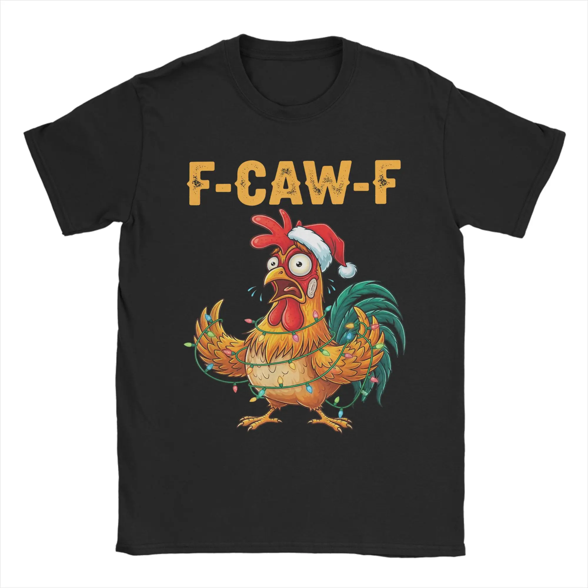 

Men T-Shirt Funny F-Caw-F Chicken Santa Rooster Christmas Lights Cotton Tees Short Sleeve T Shirt Crewneck Tops Summer