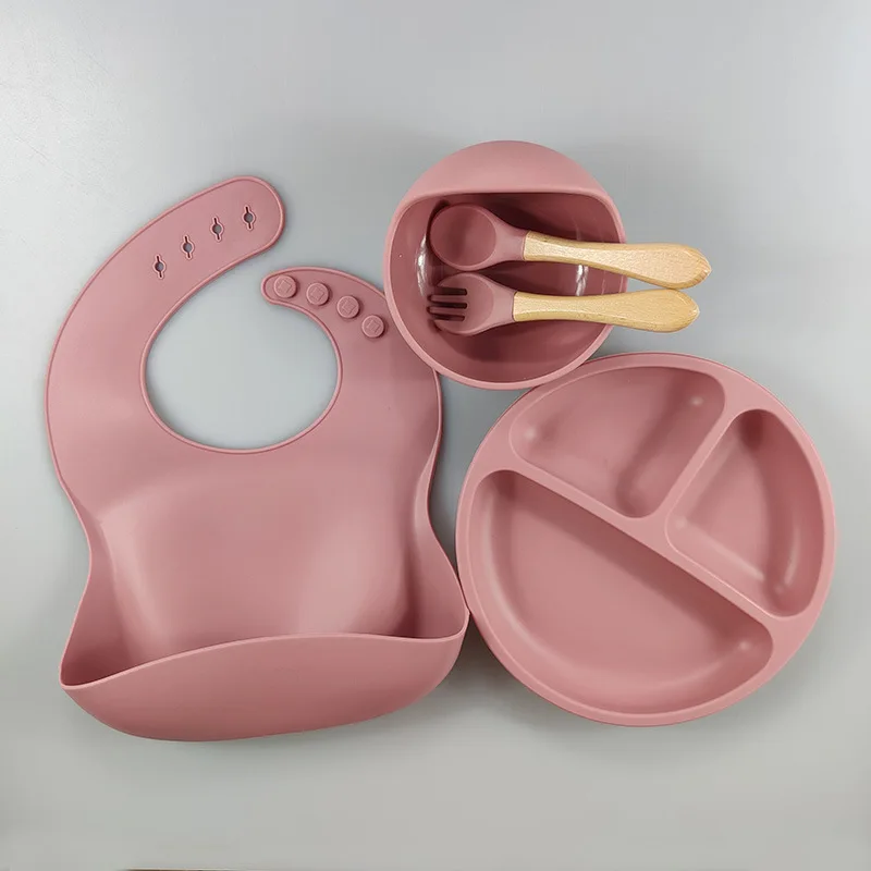 

5Pcs/Set Baby Silicone Sucker Bowl Plate Spoon Fork Set Portable Baby Feeding Tableware Non-slip Children's Dishes BPA Free