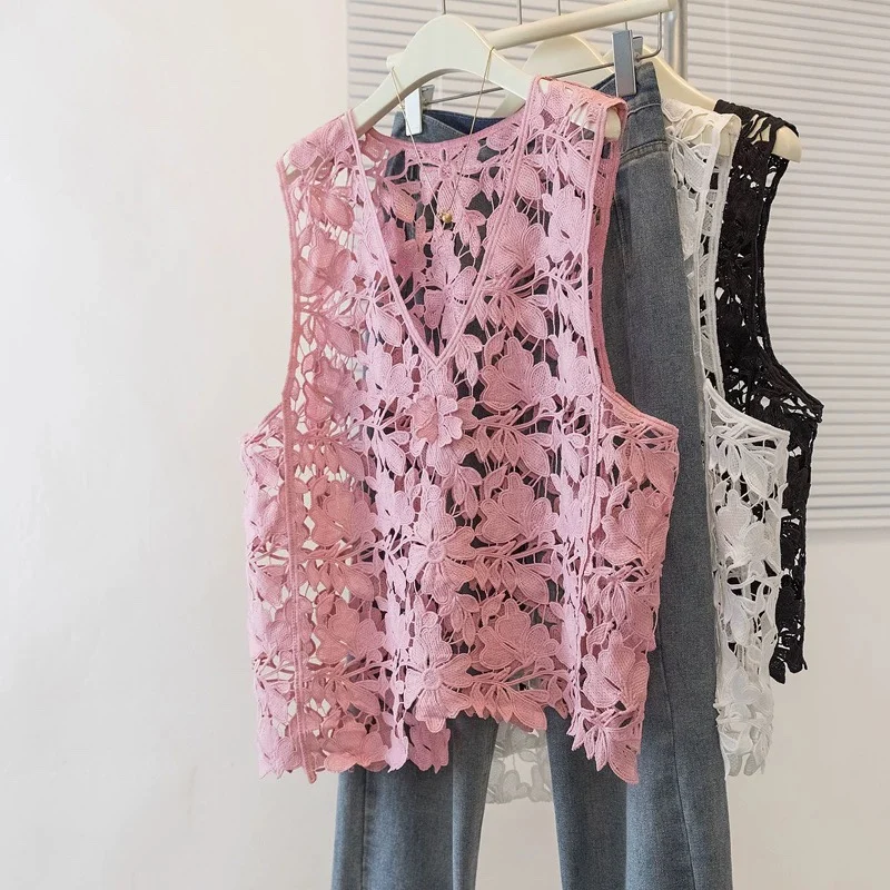 Loose Fit Embroidered Vest Top Heavy Embroidery Pink Black Gradient Style Office Commute Style Outerwear Polyester Cotton Blend