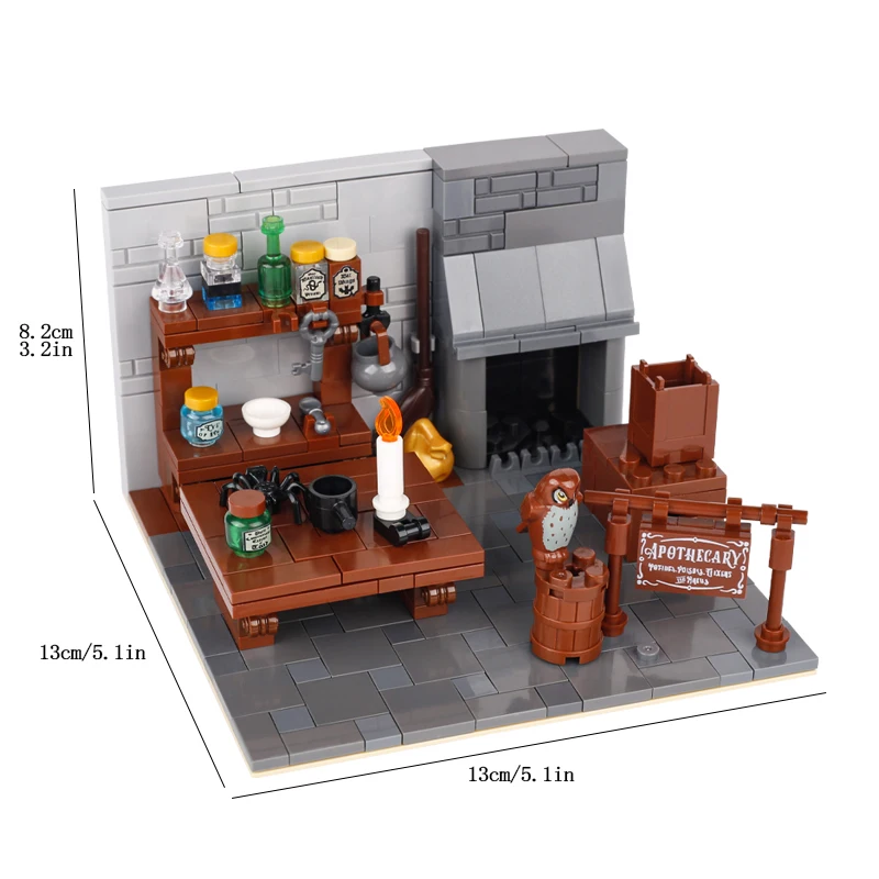 MOC Alchemist Room Furniture Building Blocks Medieval Pharmacist Workbench Workroom Alchemy Book Potion Jar Tank Bricks Toys