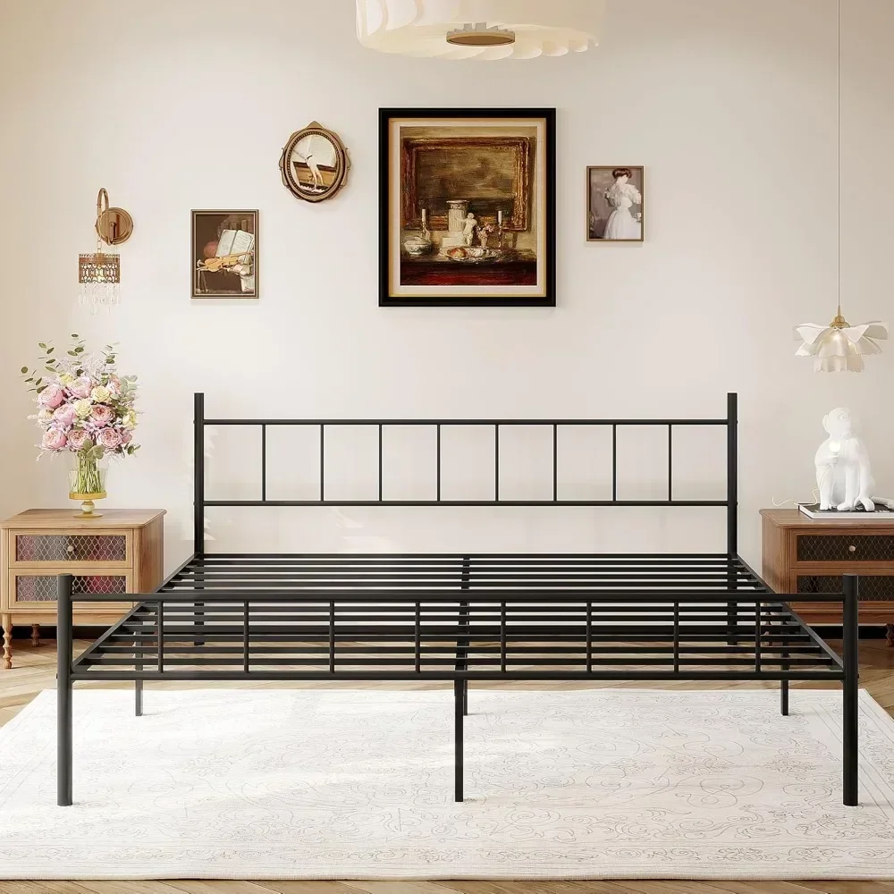 Estrutura de cama queen size de 14 espaços, estrutura de cama de plataforma de metal clássica-base de colchão, suporte de ripas de aço, armazenamento sob a cama, sem caixa