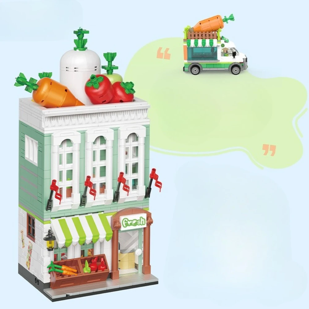 MOC 농업 차량 상점 꽃 카트 상점 블록 세트 쇼핑 상점 집 DIY 장난감 어린이 생일 휴일 선물