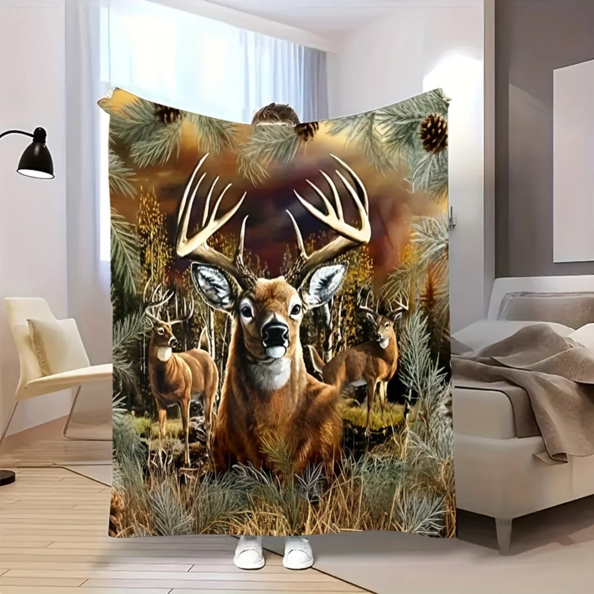 

This elegant flannel blanket features a deer-themed print and is perfect for naps, sofas, beds, offices, camping, chairs,