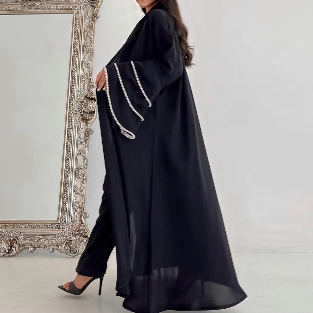 Eid Black Open Abayas for Women Bead Kimono Cardigan Muslim Dress Dubai Turkey Kaftan Kebaya Caftan Marocain Femme Robe Jalabiya