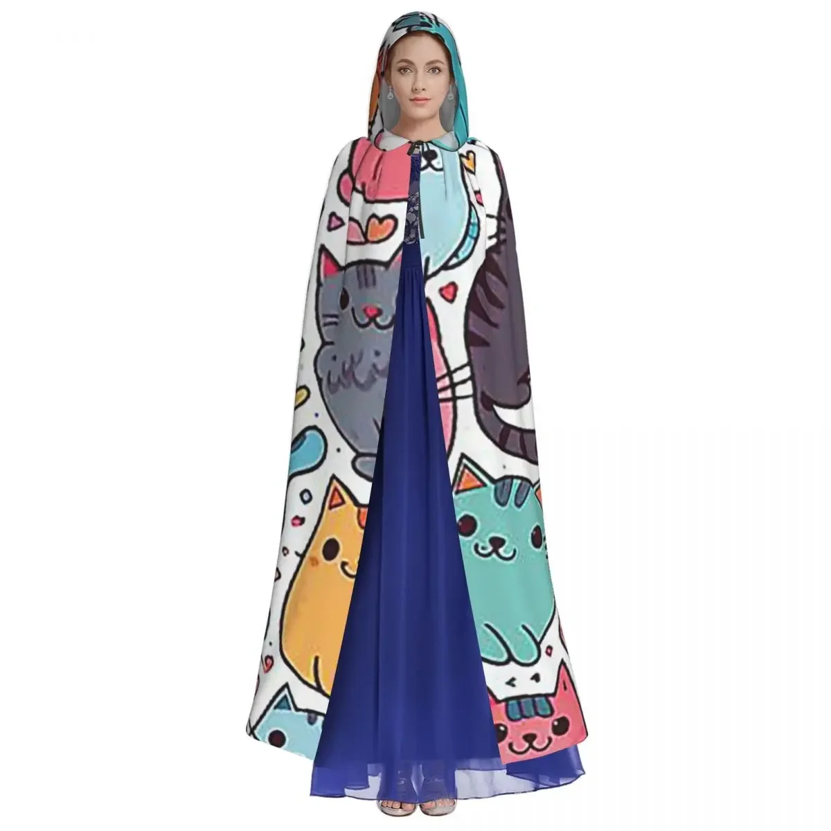 Adorable Cartoon  Prints Cat Long Hooded  Witch Medieval Costume Cosplay Cape HalloweenCoat Adult Unisex