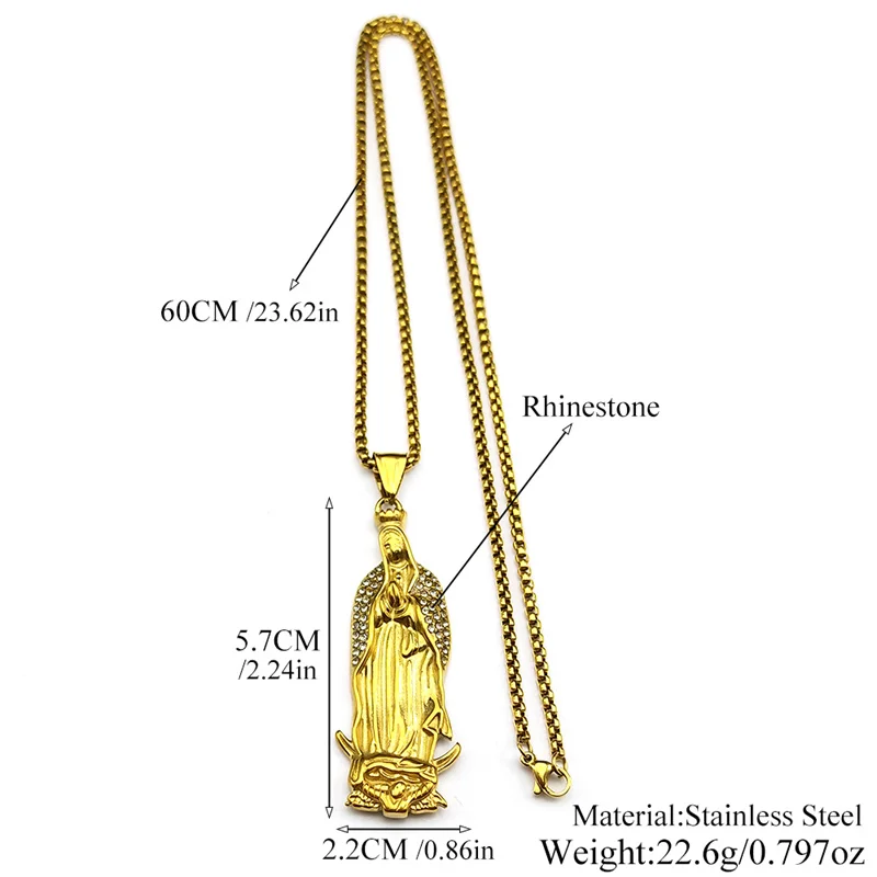 Katholische Jungfrau Maria Strass Anhänger Halskette für Frauen Männer Edelstahl Gold Silber Farbe Guadalupe Gebet Schmuck – Detail 3