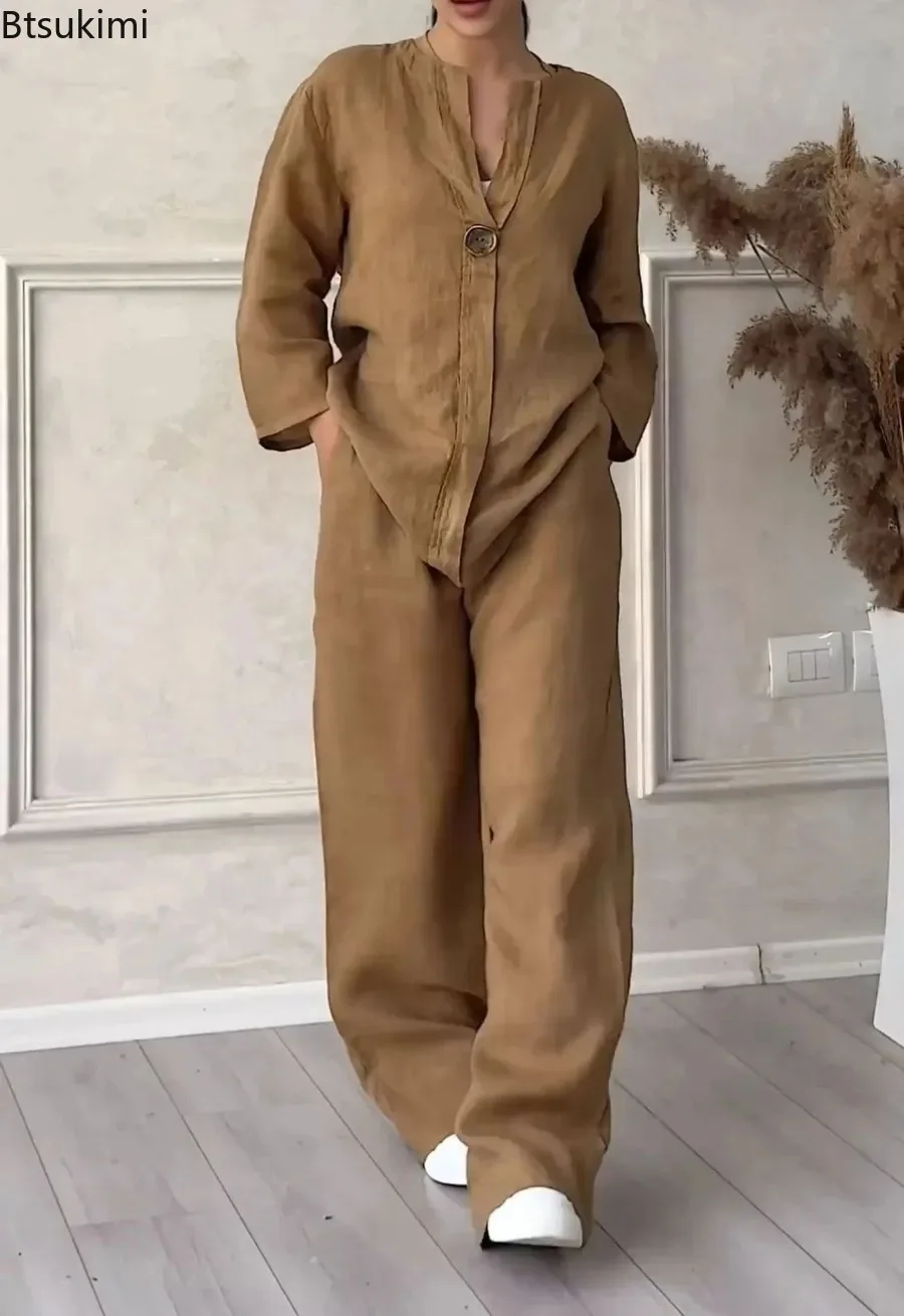 New 2024 Women's 2-piece Cotton Linen Pant Sets Solid Long Sleeve Shirt Top+ Wide-leg Trousers Two-piece Casual Loose Suit Sets