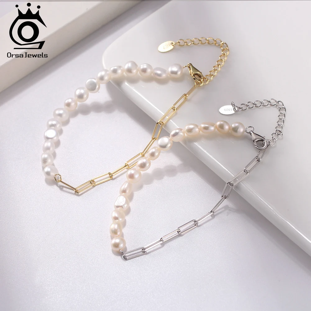 

ORSA JEWELS Original Natural Baroque Freshwater Pearl Necklace 925 Sterling Silver Paperclip Chains Necklace Birthday Gift GPN13
