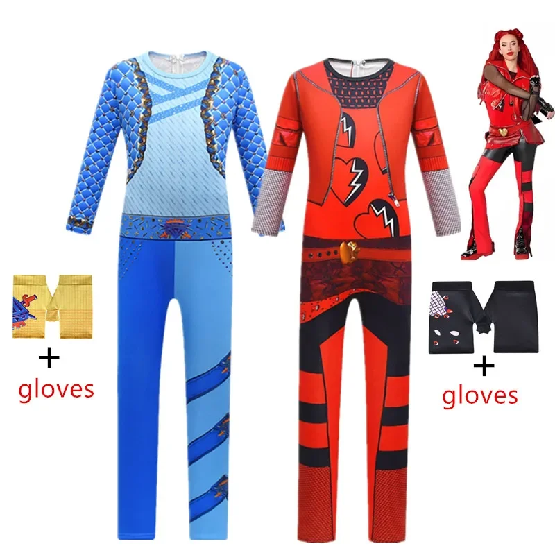 Movie The Rise of Red Costume Kids Halloween Dress Up Clothes Jumpsuit Gloves Girls D-Descendants 4 Red & Chloe Cosplay Bodysuit