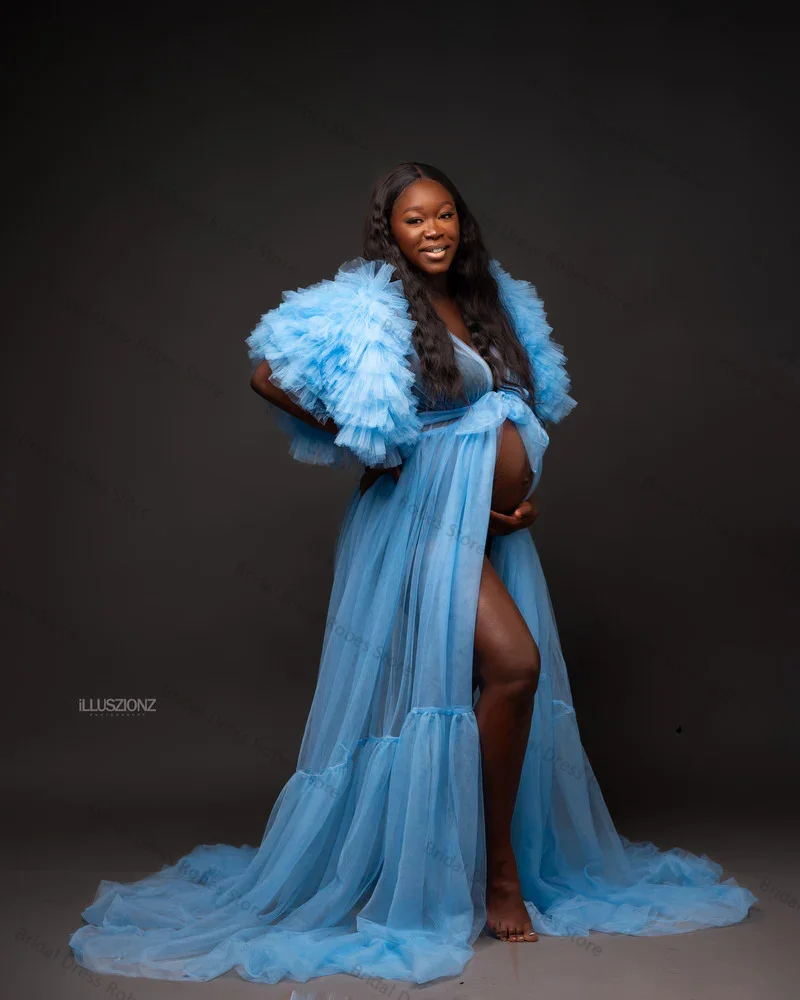 Baby Blue Women Maternity Dress for Photo Shoot With Belt Bridal Tiered Tulle Luxury Robe Wedding Pregnant Prom Skirt Customized