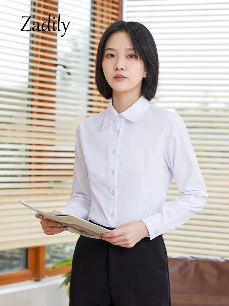 Office Lady Long Sleeve Women Basic Shirt Blouse Slim Button Up All Season Woman 50% Cotton Dress Shirts Work Female Tops