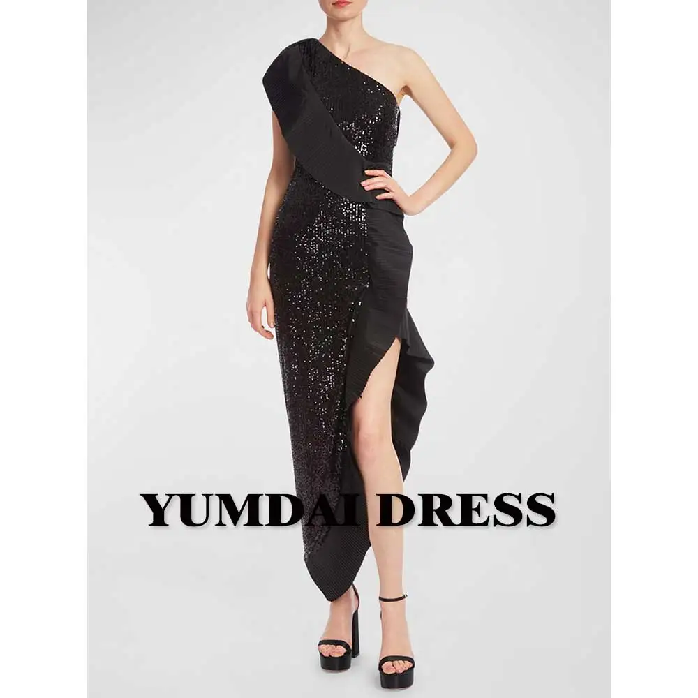 

YUMDI Black Glitter Sequin Single Rotator Sleeve Evening Dress Irregular Mom Mid-length Informal Dress 2023 Elegant Party Gown