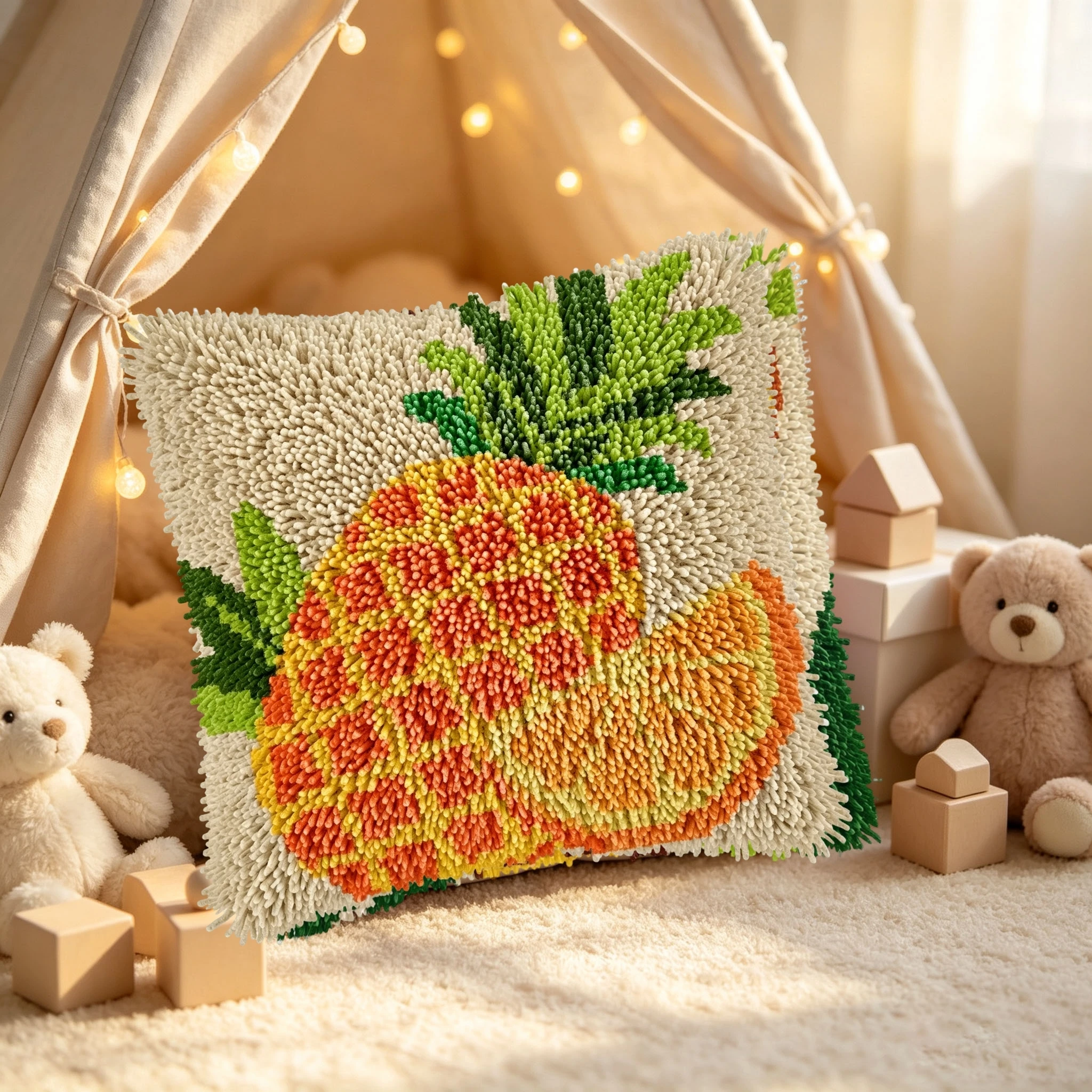 1Set Pineapple Orange Knot Pillow Latch Hook Kit Cushion Pillowcase Set For Needlework Latch Hook Kits DIY Beginner-friendly Emb
