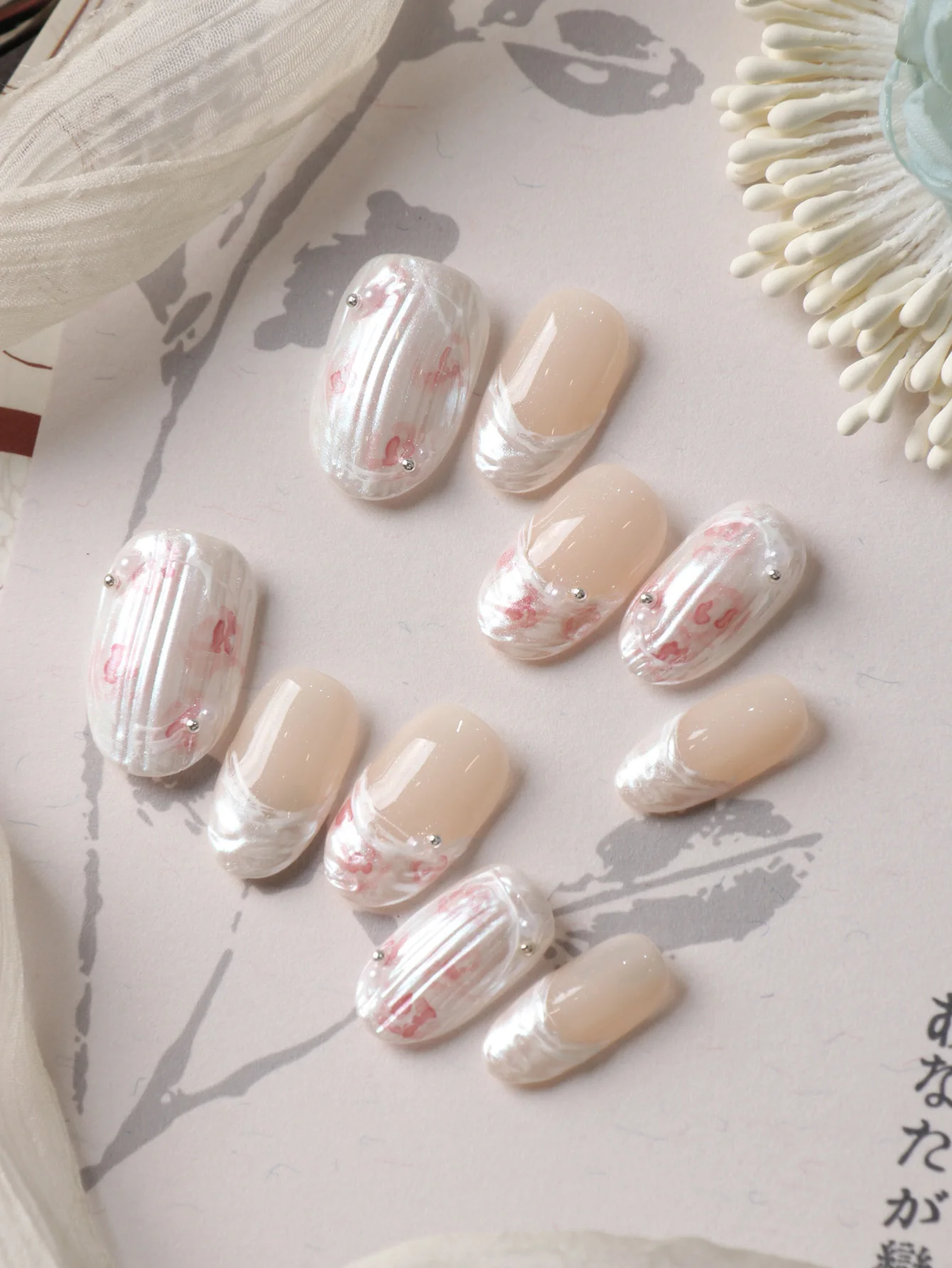 10Pcs Press on Nails Short White French Pink Rose Press on Fake Nails Includes 1 Sheet of Adhesive Tabs & 1 Pc Mini File