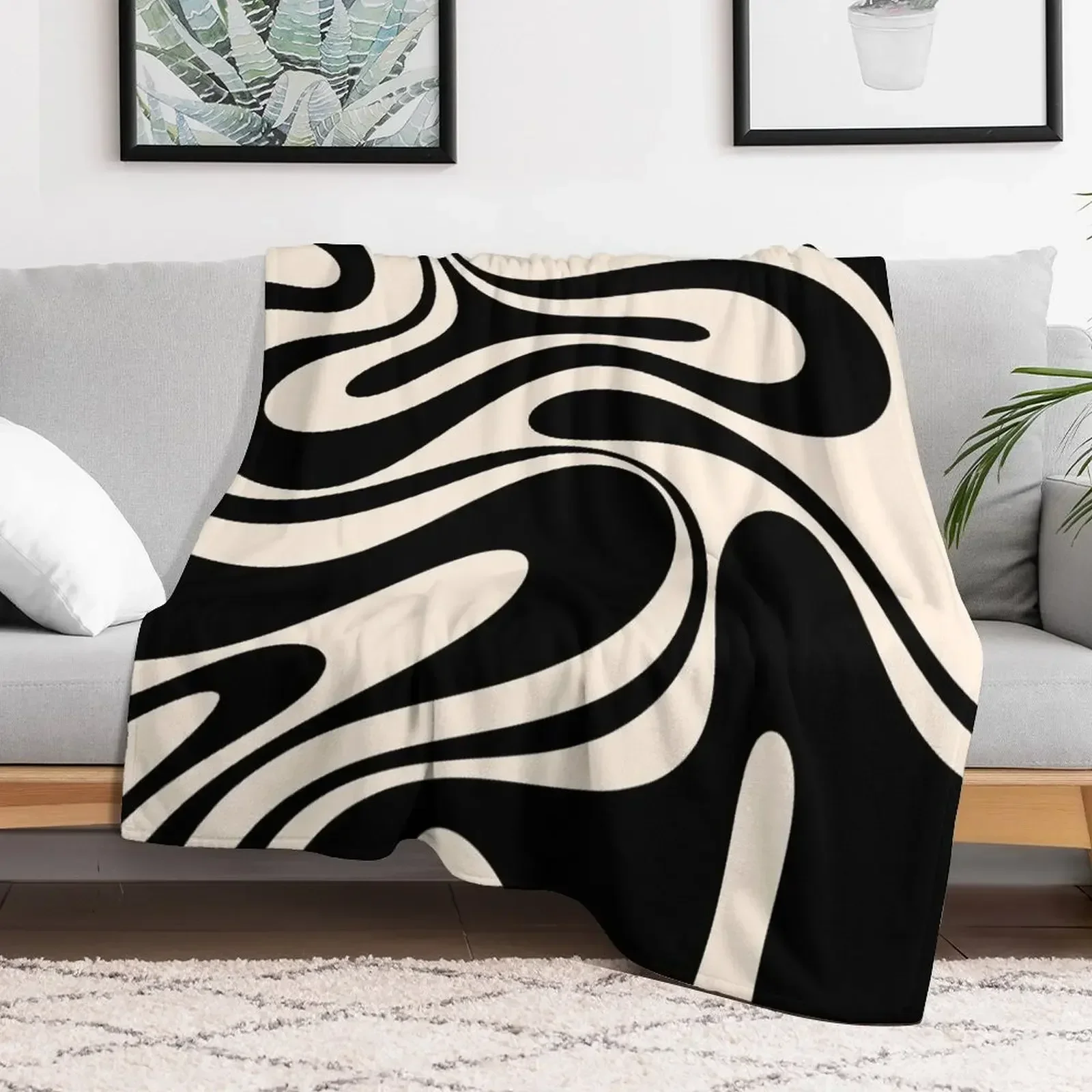 

Retro Fantasy Swirl Abstract in Black and Almond Cream Throw Blanket Summer Beddings Cute Plaid for sofa Blankets