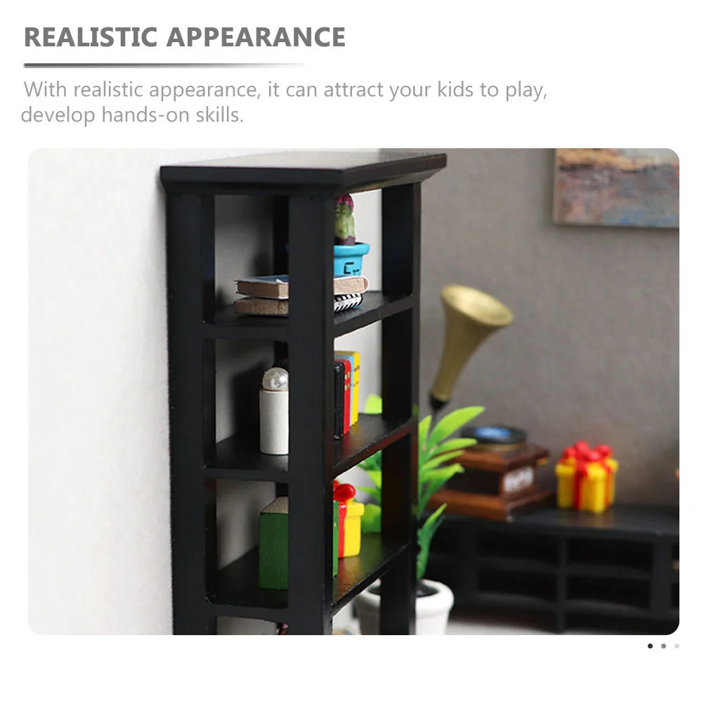 Black Flower Stand Decor Mini House Display Bookshelf Decoration Miniature Bookcase Tiny Model Wood Furniture Four-layers Rack