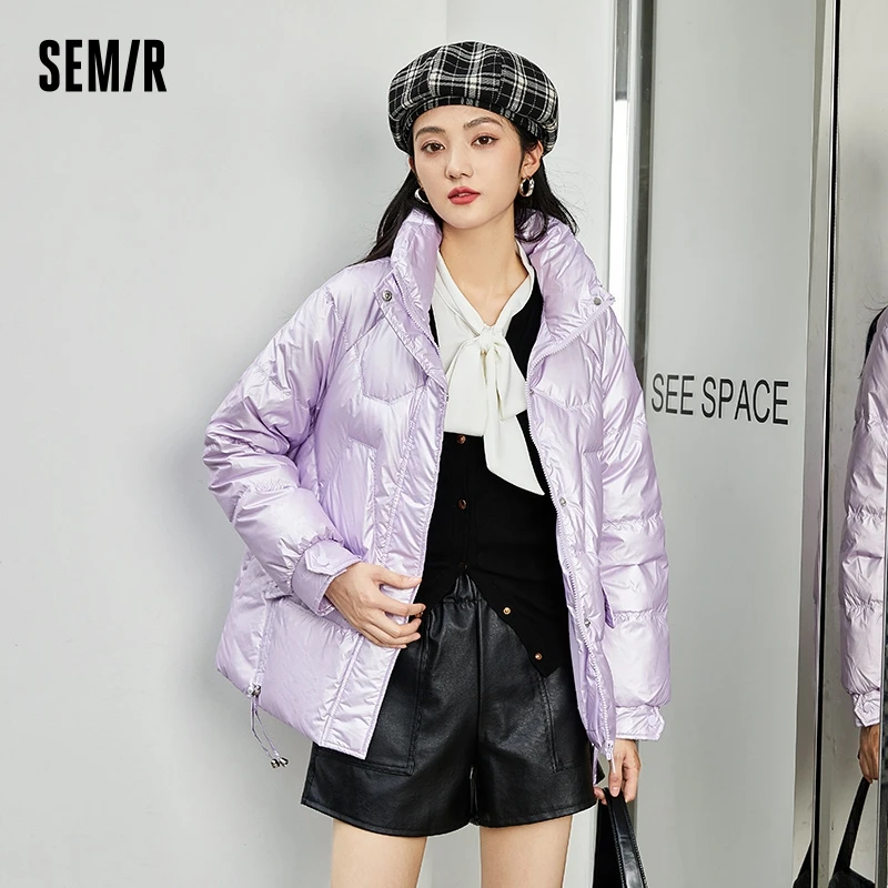 

Semir Down Jacket Women Shiny Stand Collar Design 2023 Winter New White Duck Down Drawstring Loose Jacket