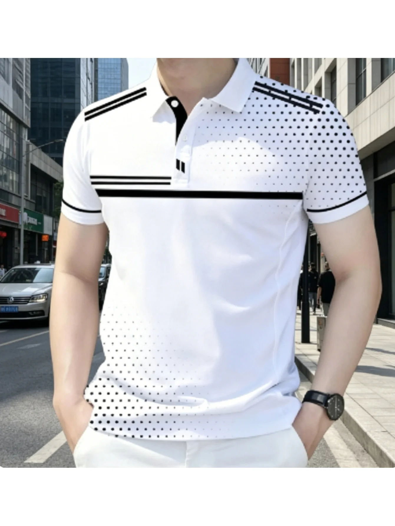 New men's short-sleeve polo shirt T-shirt, loose-fitting and tailored with printed patterns, versatile basic crew-neck top suita
