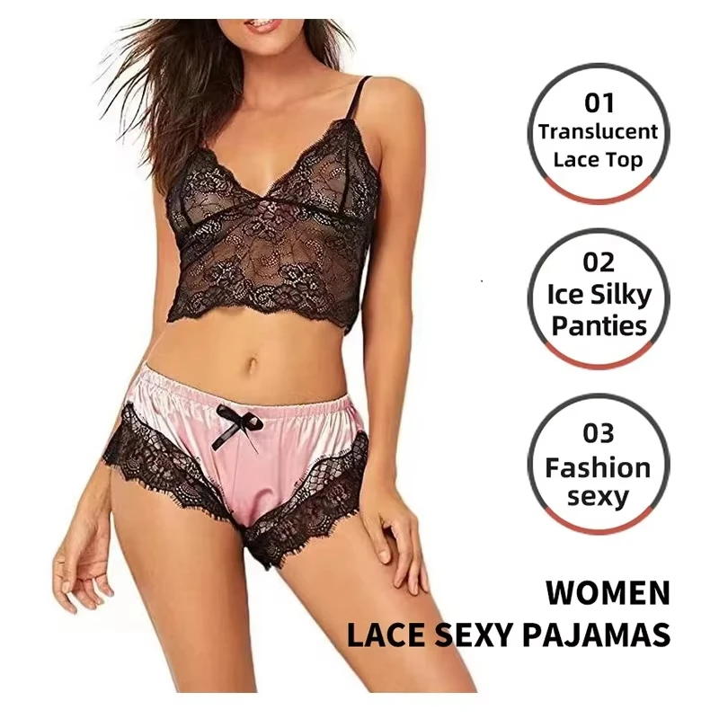 

2025 Summer 2 Pcs Women's New Sexy Lace See-Through Pajamas Black Pink Cute Clothes Comfortable Breathable Suspender Shorts Set