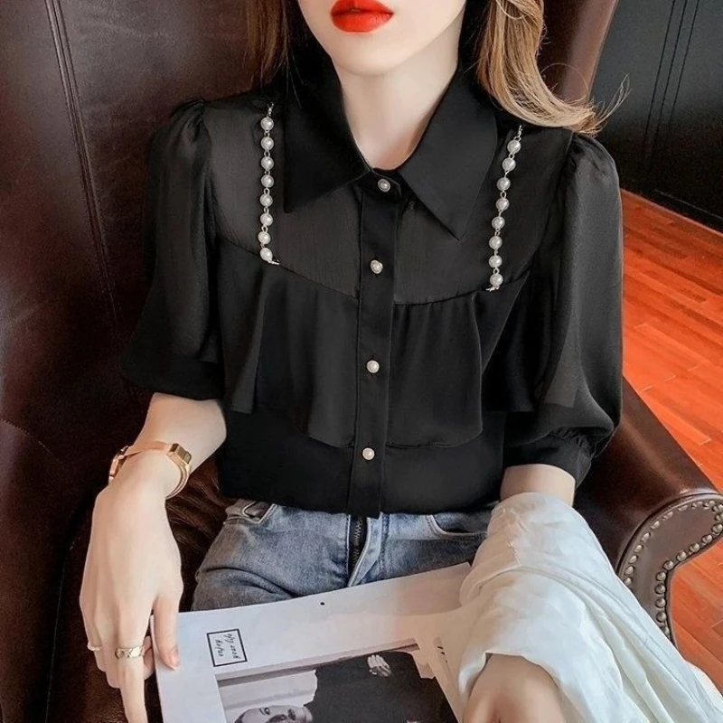 

Elegant Pearl Chain Chiffon Blouse Women's Summer Ruffle Trim Short Sleeve Top Fairy Like Flowy Shirt