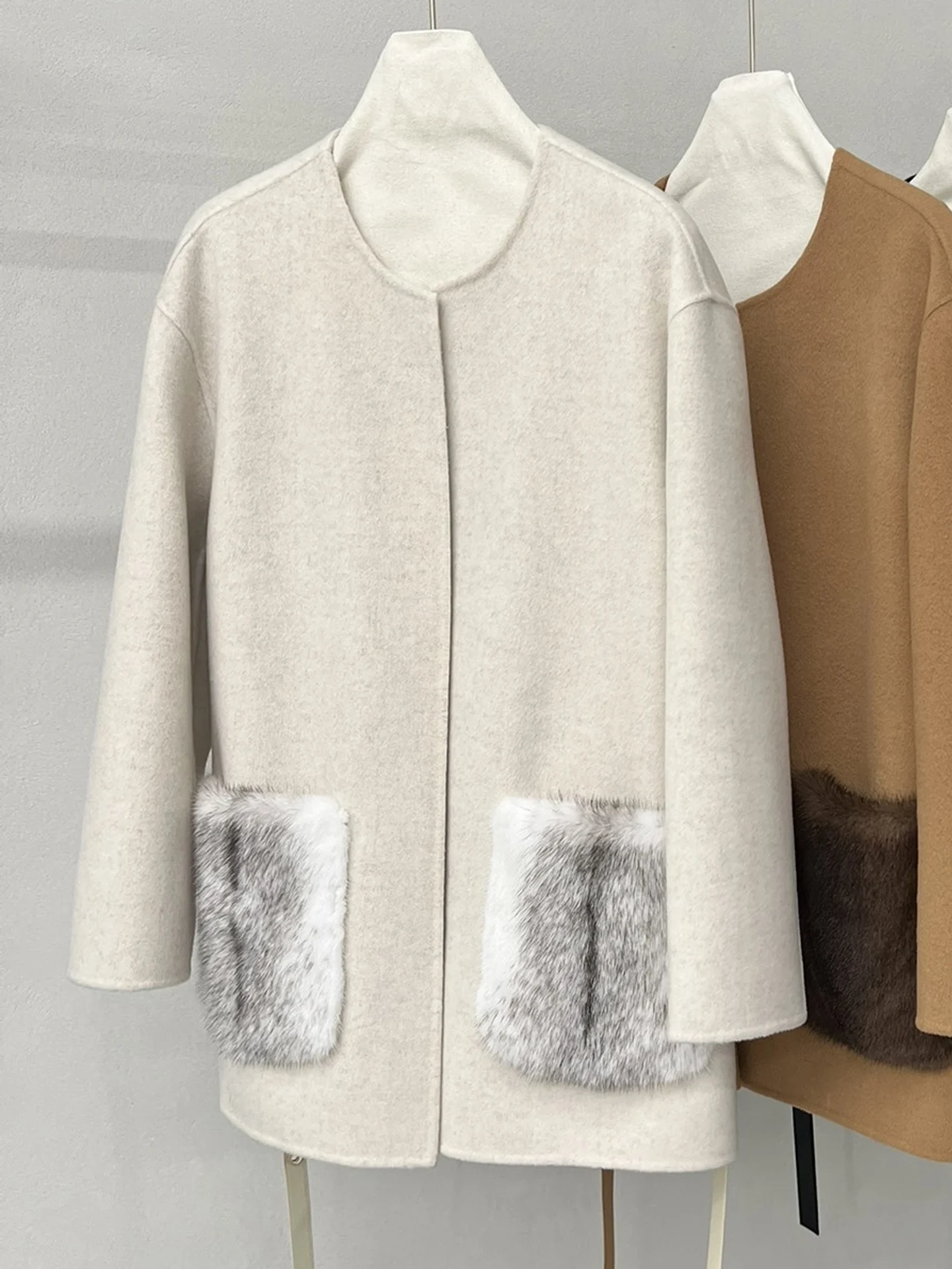 秋冬高級コート 秋冬新作 ブルーミンク ミンクファー襟付き カシミヤウールコート レディース