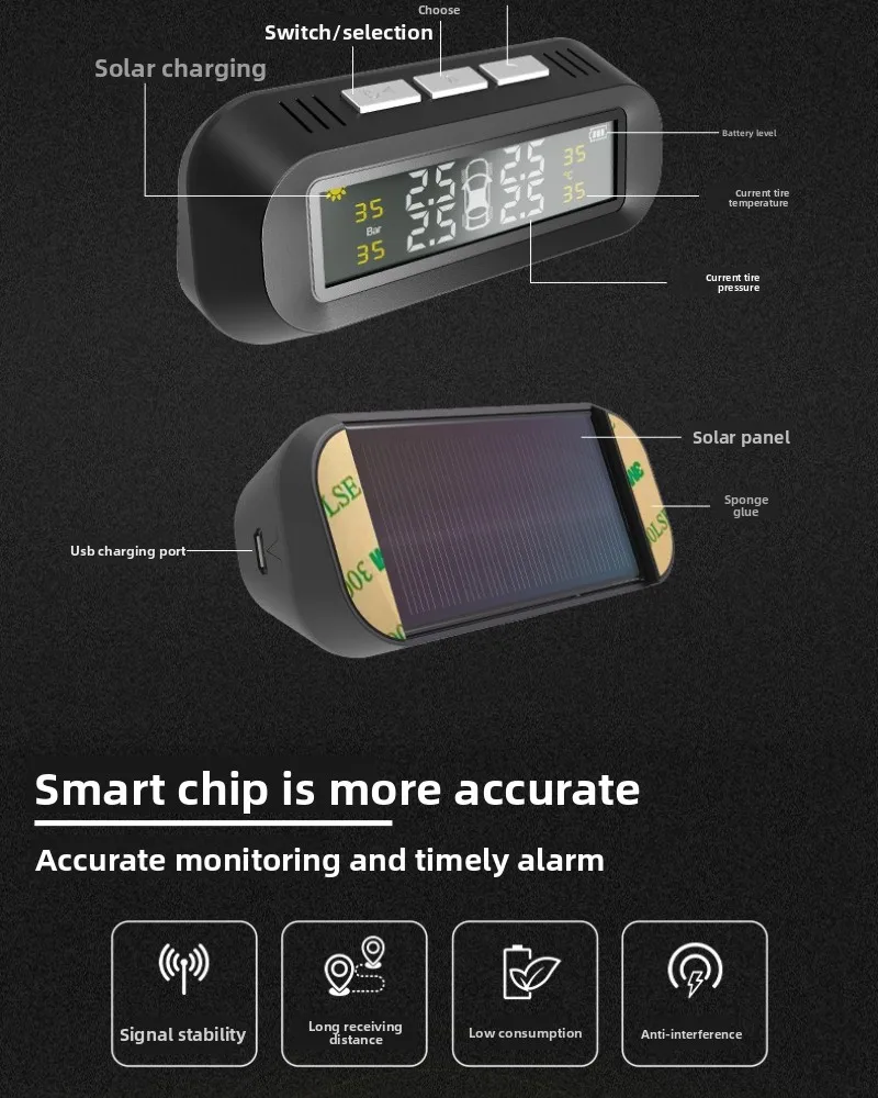 Solar Power External Sensor 2025 Auto Security Alarm Tyre Pressure Car TPMS Tyre Pressure Monitoring System Digital LCD Display
