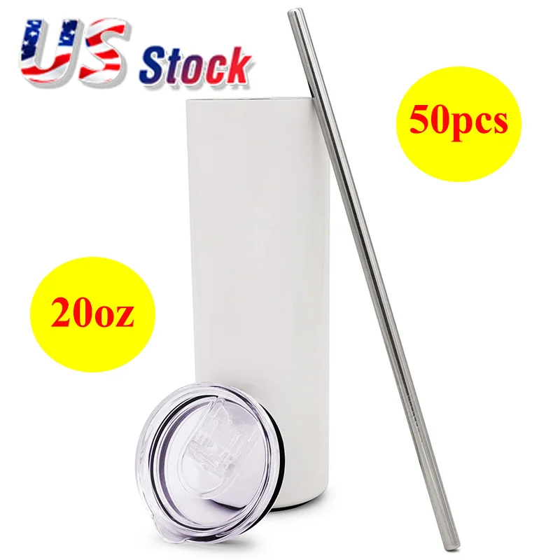 

50pcs 20oz Sublimation Blank White Skinny Tumbler Stainless Steel Tapered Water Bottle Cups With Lid and Straw Bulk US Stock