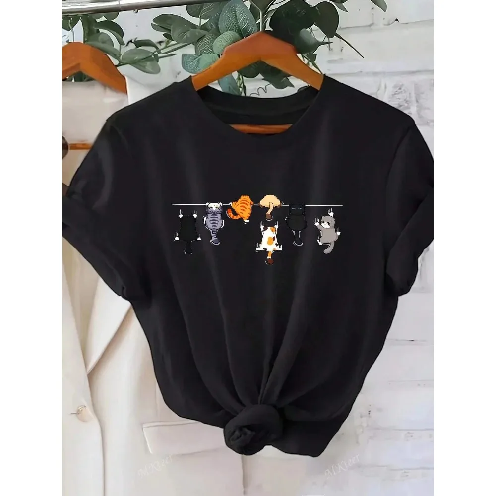 Women's Cute Cat Print Round Neck Short Sleeve Casual T-Shirt White Short Sleeve with Unique Cat Print Clothing Tee Female Tops