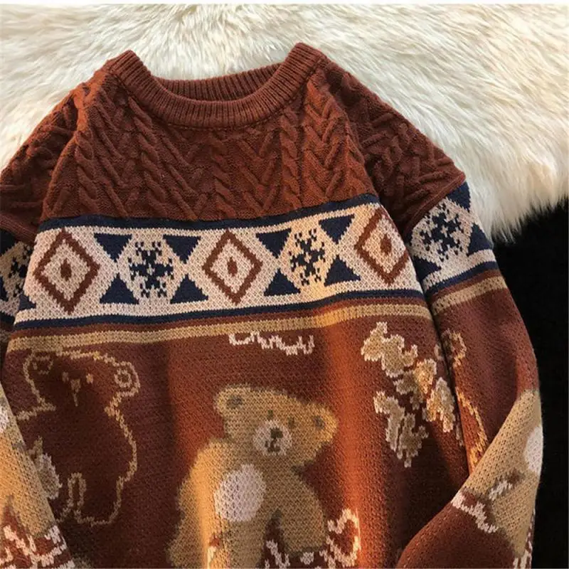 Fashion Cute Bear Tops Men High Street Knitting Sweater Tops Autumn Pullover Loose Harajuku Kawaii White Women Couple Sweaters