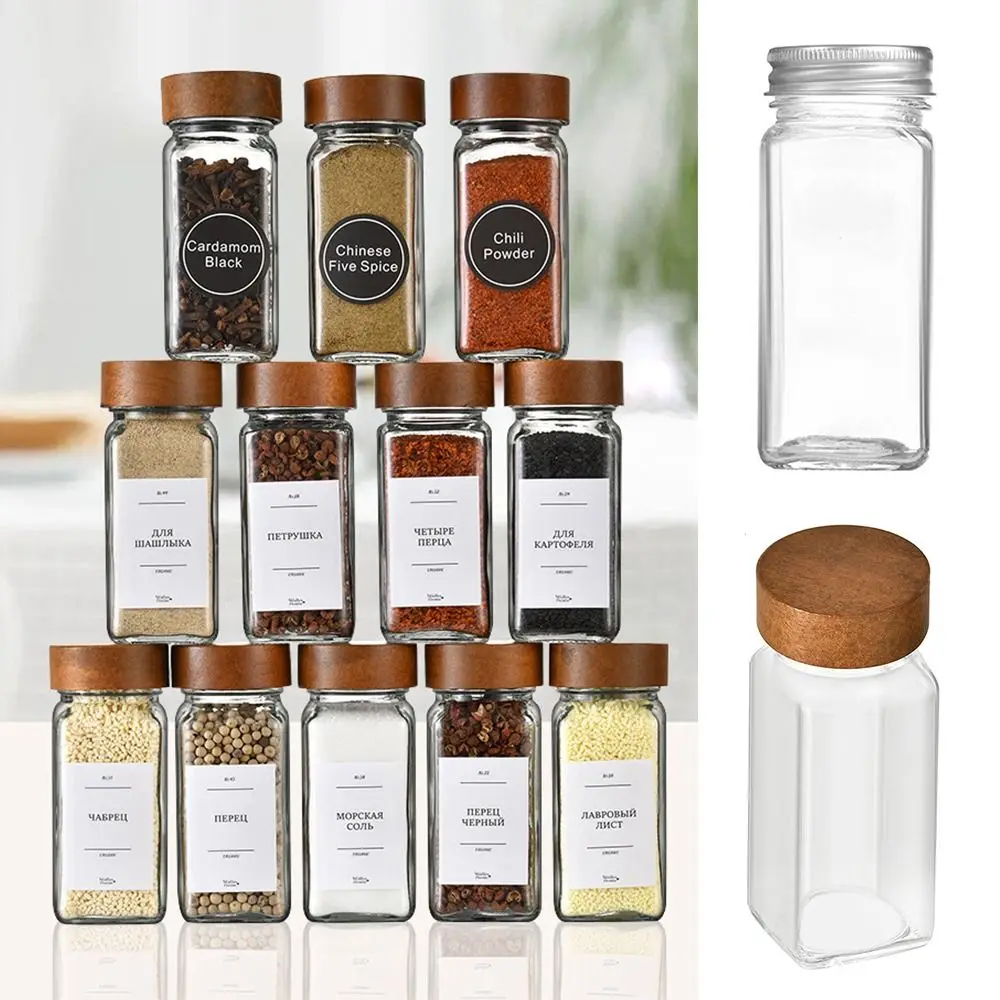 Transparent Storage Tank Glass Sealed Spice Jars Dispensing Bottles Storage Tool Square Spice Jar with Acacia Wood Lids