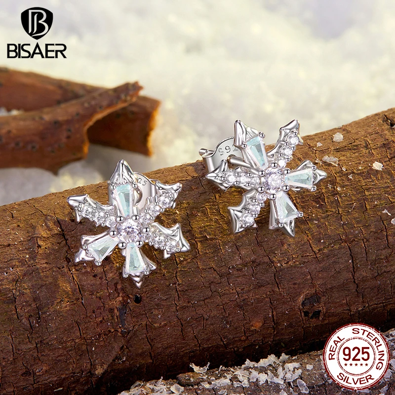 BISAER Real 925 Sterling Silver Ice Flower Stud Earrings Sparkling Zircon Stud Ear For Luxury Women Party Original Fine Jewelry