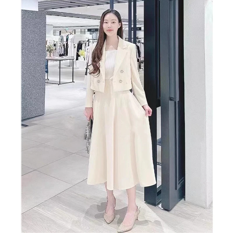 

Ele Double-Breasted Suit + Skirt + Fake Two-Piece irt + Wide Leg Pants Women's Faion High Waist Midi Skirt