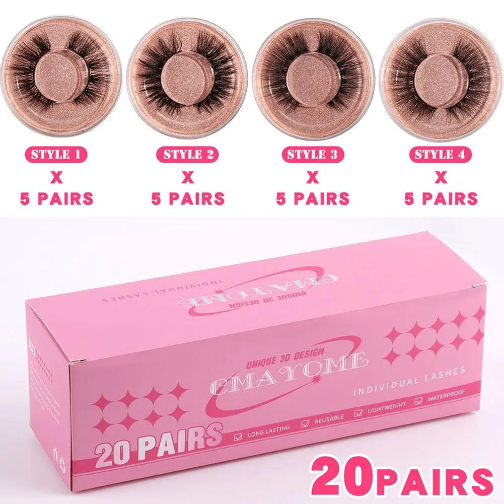 20 paires de faux cils 3D en vison synthétique, 4 styles variés, effet volumineux et recourbé, réutilisables, multipack pour usage quotidien, fêtes et cosplay