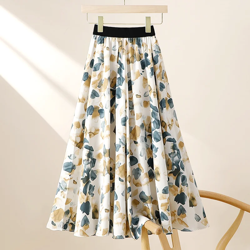 Retro temperament Summer New Printed Women's Fashion Waist Versatile Casual High Waist Loose Mid length A-line Skirt