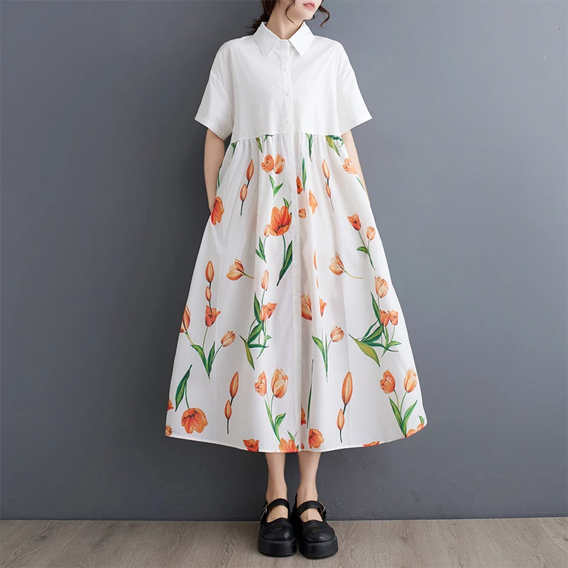 Summer New Floral Printed A-line Dress Short Sleeve Vintage Front Buttons Shirt Dresses Turn-down Collar Female Vestidos