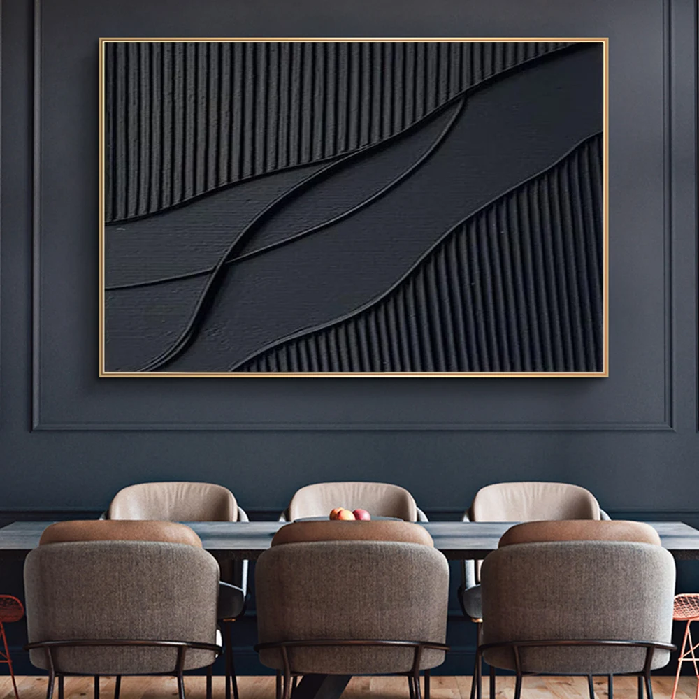 Black Abstract Minimalist Line Wall Black 3D Textured Canvas Painting Modern Norse Art Aesthetic Posters Prints Home Decor Mural view 2
