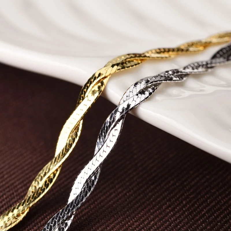 

925 Sterling Silver Two Chain Woven Braid Flat Link Necklace Women Italian Trendy Dainty Sparkle 45CM Chokers Necklaces Gift