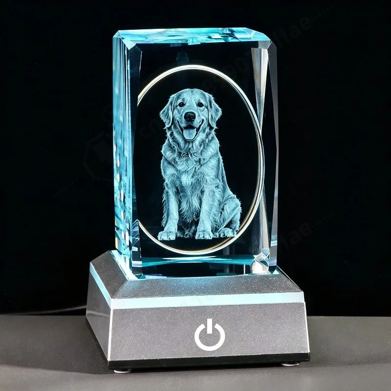 Custom Dog Photo 3D Engraved Luminous Crystal Night Light Square Base Ornament Pet Remembrance Gift