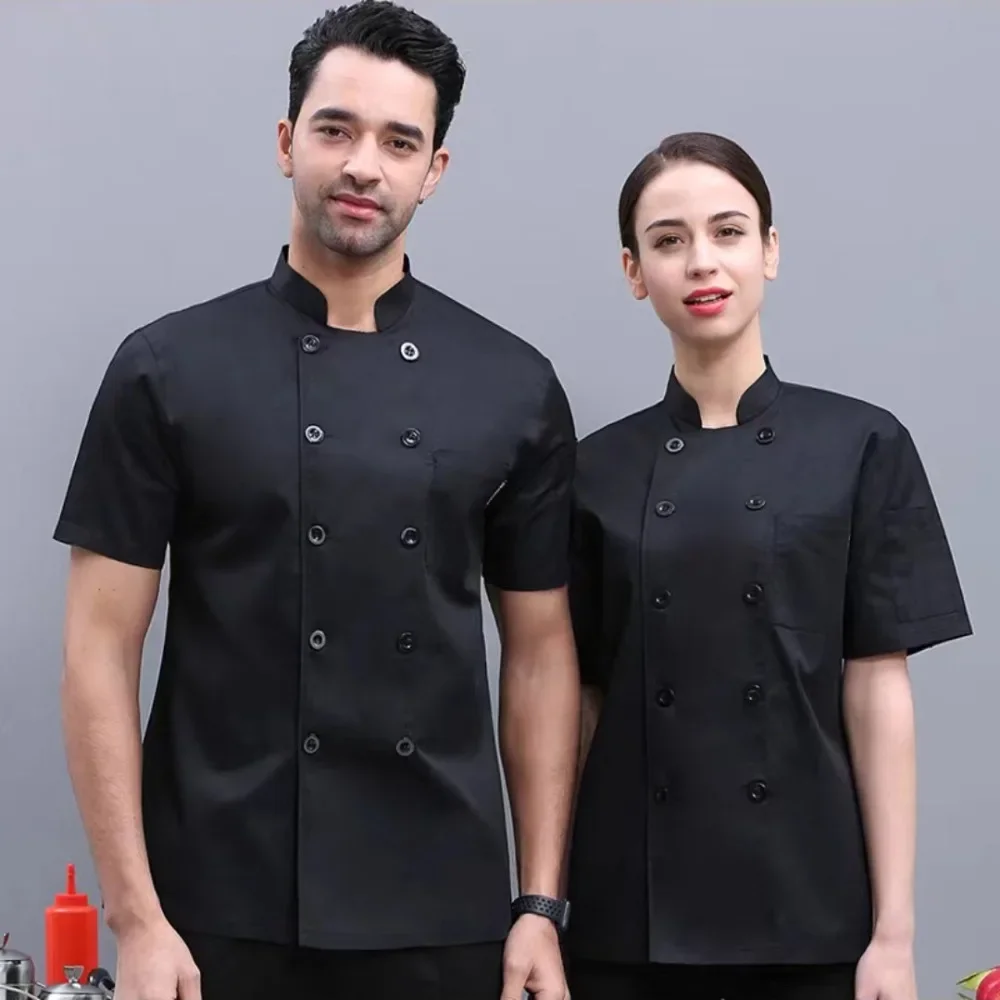 ملابس الشيف بأكمام طويلة للفصول الأربعة باللون الأبيض النقي لتقديم الطعام للرجال والنساء في مطعم الفندق ومقصف ملابس عمل بأكمام قصيرة