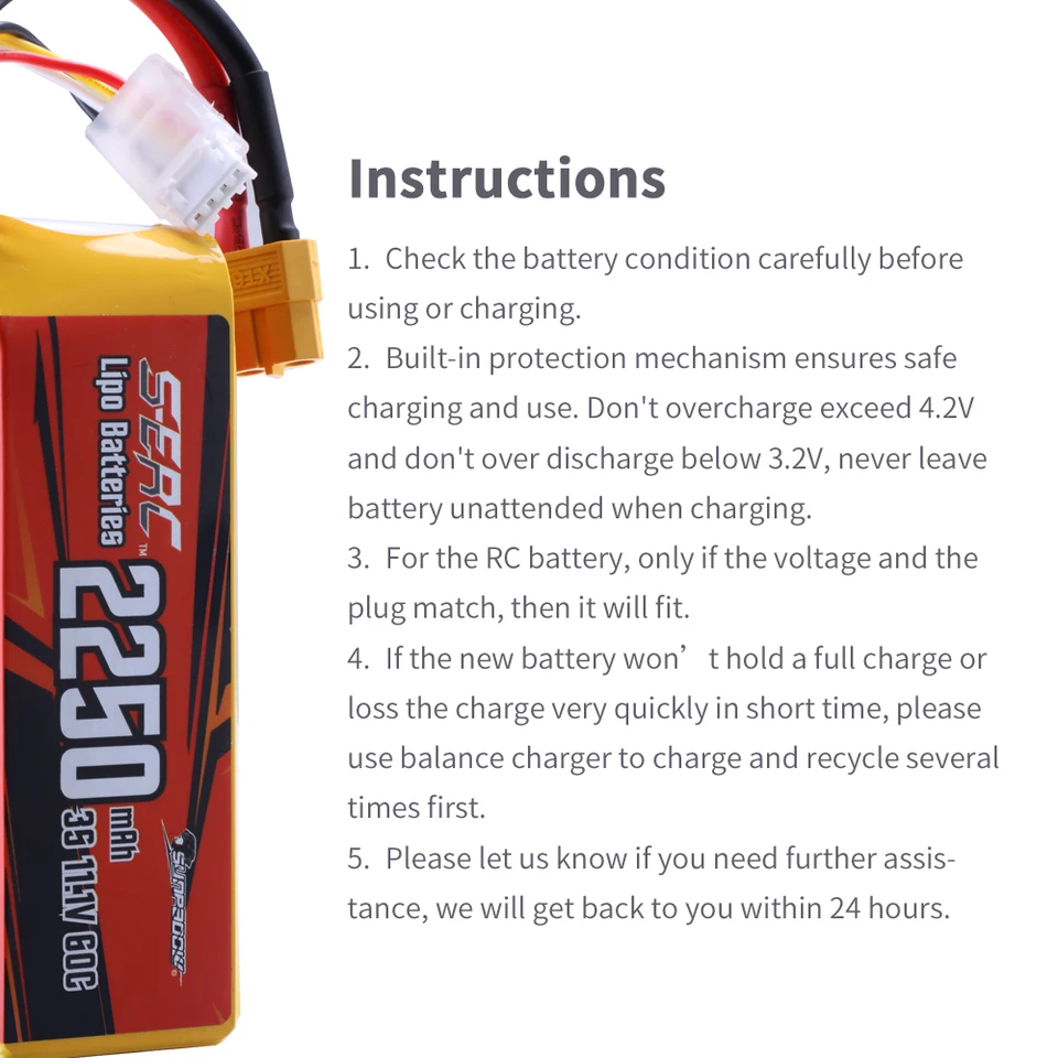 SUNPADOW Batería LiPo 3S 11.1V 2250mAh 60C Con Conector XT60 – Para Aviones RC, Drones, Helicópteros Y Cuadricópteros FPV, Dimensiones 10.7x3.5x2.8 Cm