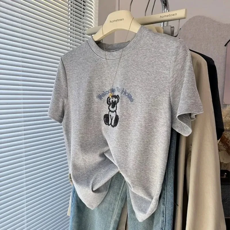 

Женская футболка с милой вышивкой в виде собаки, повседневный топ с короткими рукавами и круглым вырезом