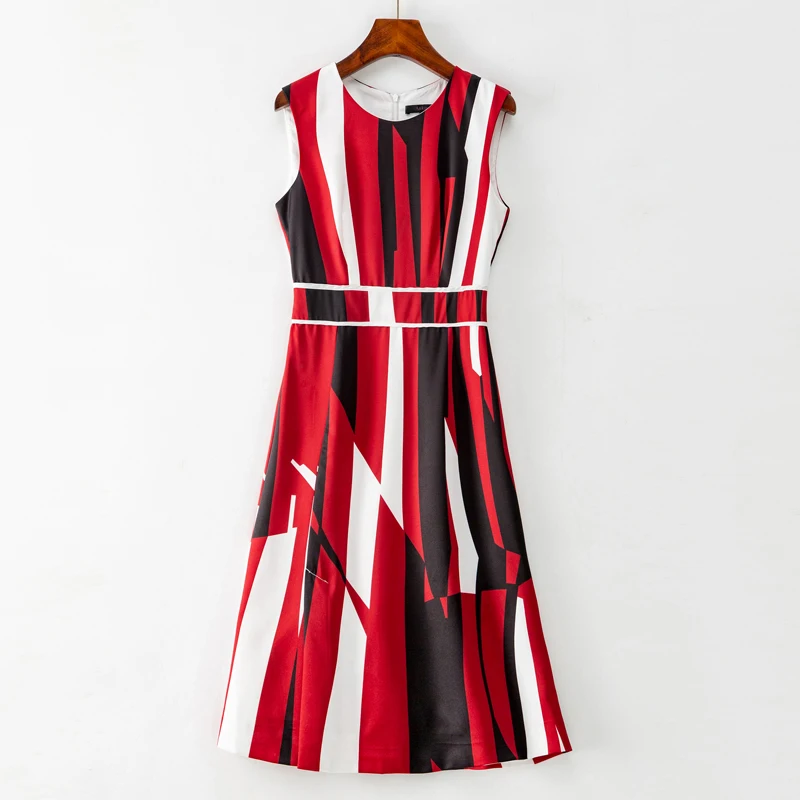 

Women's Luxury Print Striped Elegant O-Neck Sleeveless Pleated Dresses