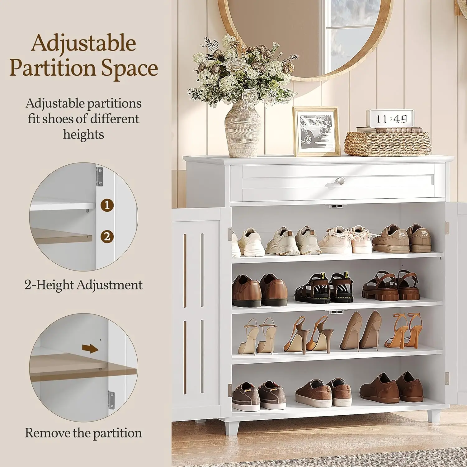 خزانة تخزين الأحذية من 4 طبقات مع درج وأرفف قابلة للتعديل، منظم رف الأحذية الخشبي مع كوة