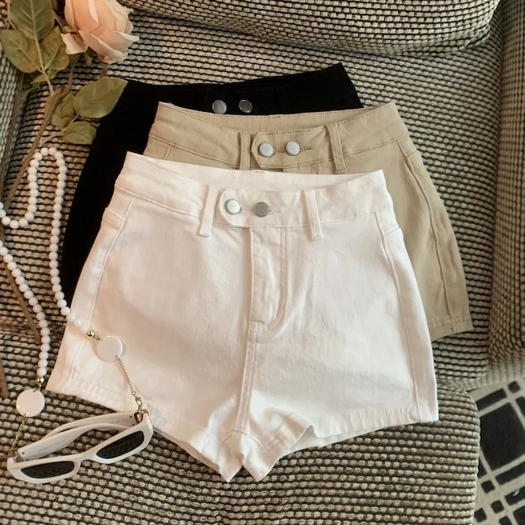 

Шорты с высокой талией А-силуэта женские летние повседневные из хлопкового денима ультракороткие стильные утягивающие базовые штаны-поддевка